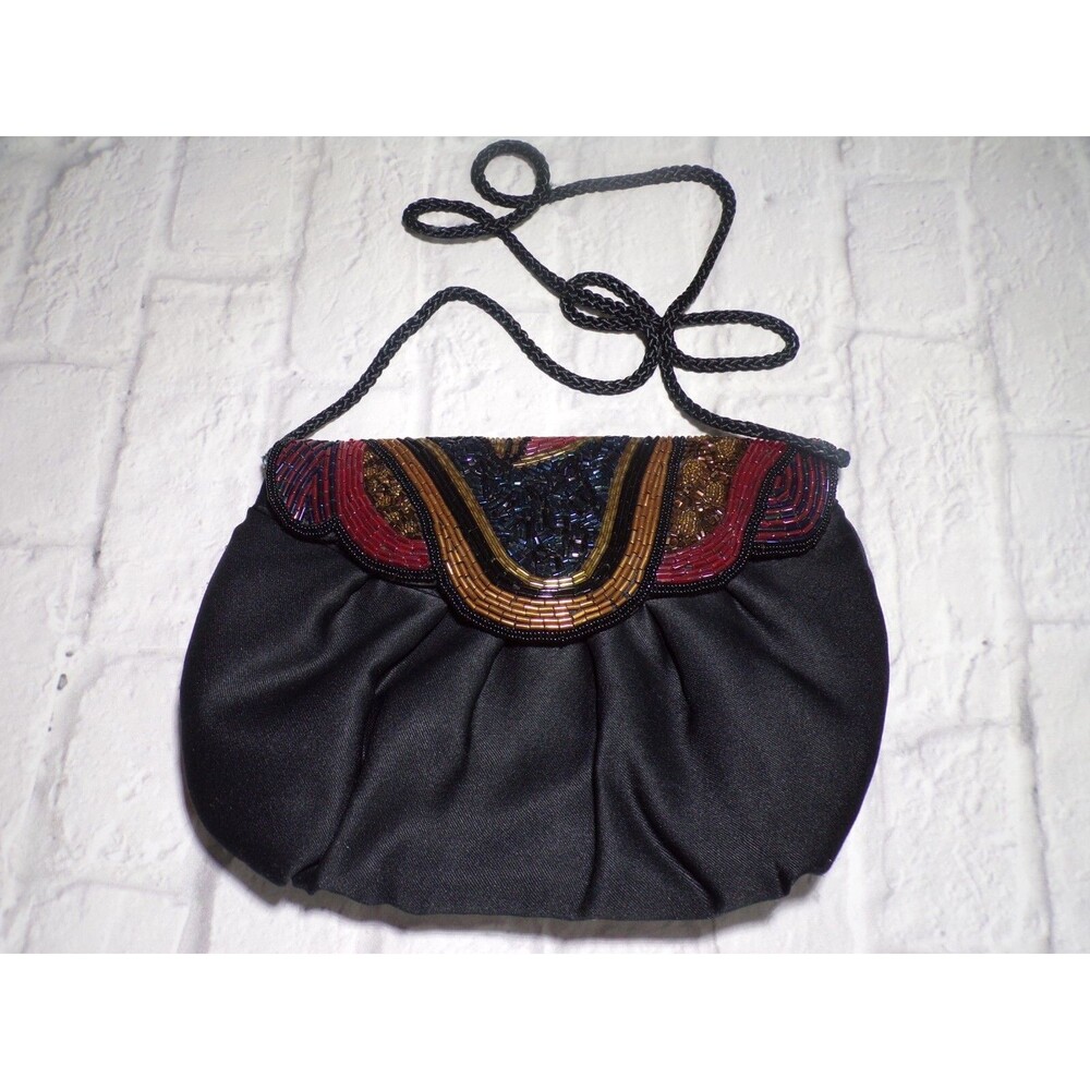 Vintage Lady Priscilla Beaded Evening Bag Purse Handbag Black Snap Closure Strap